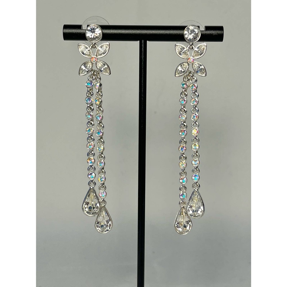Signed Givenchy Silver Clear Crystal Drop Earrings 3"
